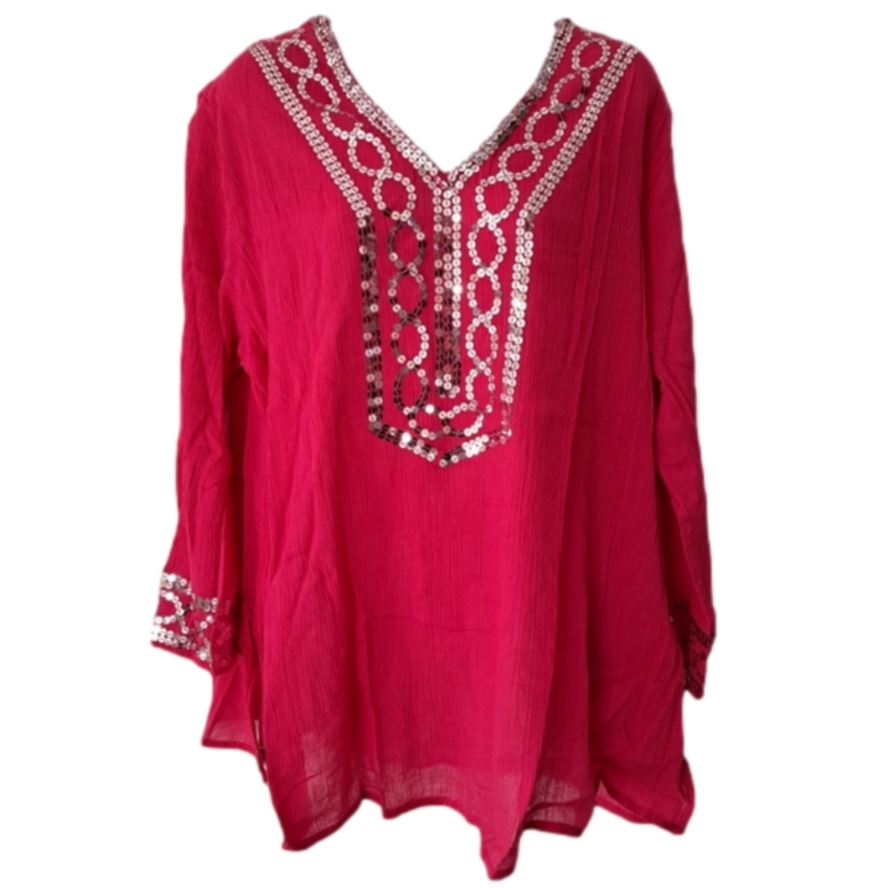NWT 3X, Tunic Fuschia, Gathered Gauze, Silver Sequins, V-Neck, Metro 22, Barbie